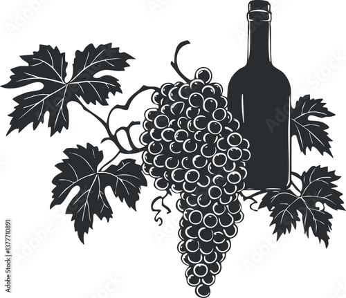 Black and white silhouette of grapevine with leaves and wine bottle, symbolizing winemaking.