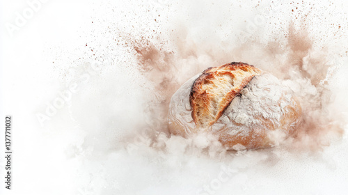 freshly baked loaf of bread emerges from cloud of flour, creating dynamic and artistic scene. texture of crust and soft interior are highlighted, evoking sense of warmth and comfort