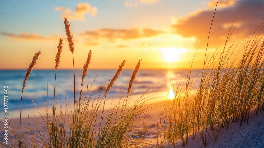 Fototapeta premium Golden sunlight illuminates soft waves at a serene beach as grass sways in the breeze. This peaceful moment captures the beauty of nature at sunset, inviting relaxation and reflection