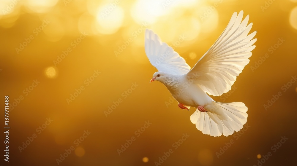 A white dove is captured mid-flight, wings extended, illuminated by the warm, golden hues of a sunset. The soft light creates a tranquil and uplifting atmosphere, enhancing the bird's beauty A white dove is captured mid-flight, wings extended, illuminated by the warm, golden hues of a sunset. The soft light creates a tranquil and uplifting atmosphere, enhancing the bird's beauty
