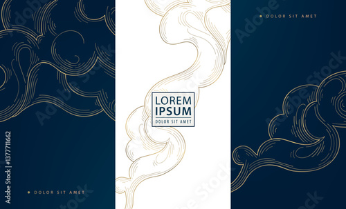 Vector set of line cloud golden patterns, chinese, japanese wave smoke textures, asian curve cards. Luxury premium abstract posters, art, labels, package