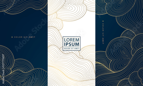 Vector set of line cloud golden patterns, chinese, japanese wave smoke textures, asian curve cards. Luxury premium abstract posters, art, labels, package