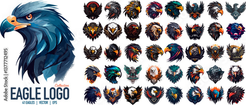Eagle or Hawk logo template set. Furious eagle sport vector logo concept isolated on white background. Wild bird t-shirt print illustration. 41 Eagle logo collection.