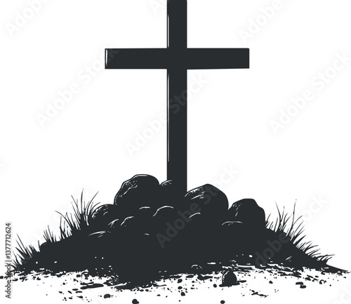 Black and white silhouette of a cross on a grave with stones and grass around it.