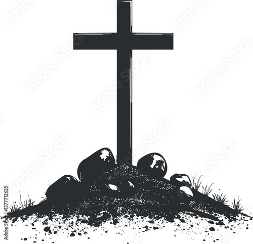 Silhouette of a cross on a grave with rocks and grass, symbolizing faith and remembrance.