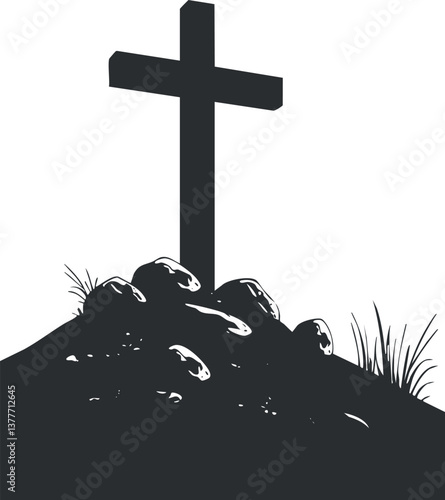 Silhouette of a cross on a grave mound, symbolizing faith and remembrance in Christianity.