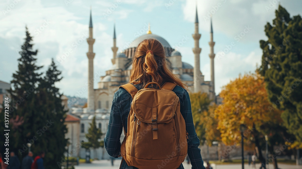 Obraz premium A woman with a backpack walking towards the blue mosque in istanbul on a sunny day with trees around