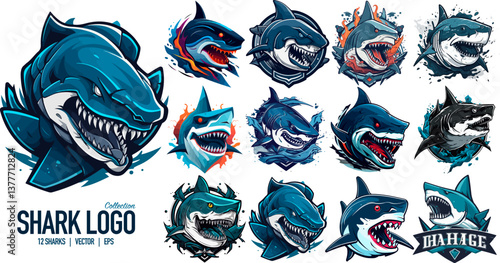 Shark logo template set. Agressive Shark esport gaming vector mascot emblem. 12 Sharks logo collection.