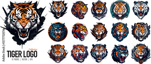 Tiger logo template set. Mascot sport logo design. Tiger animal head vector illustration. Wild cat head mascot, Tiger head emblem design for eSports team. 15 Tigers Head colllection.
