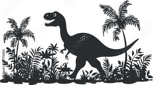 Silhouette of a dinosaur in a prehistoric jungle with tropical plants and trees.