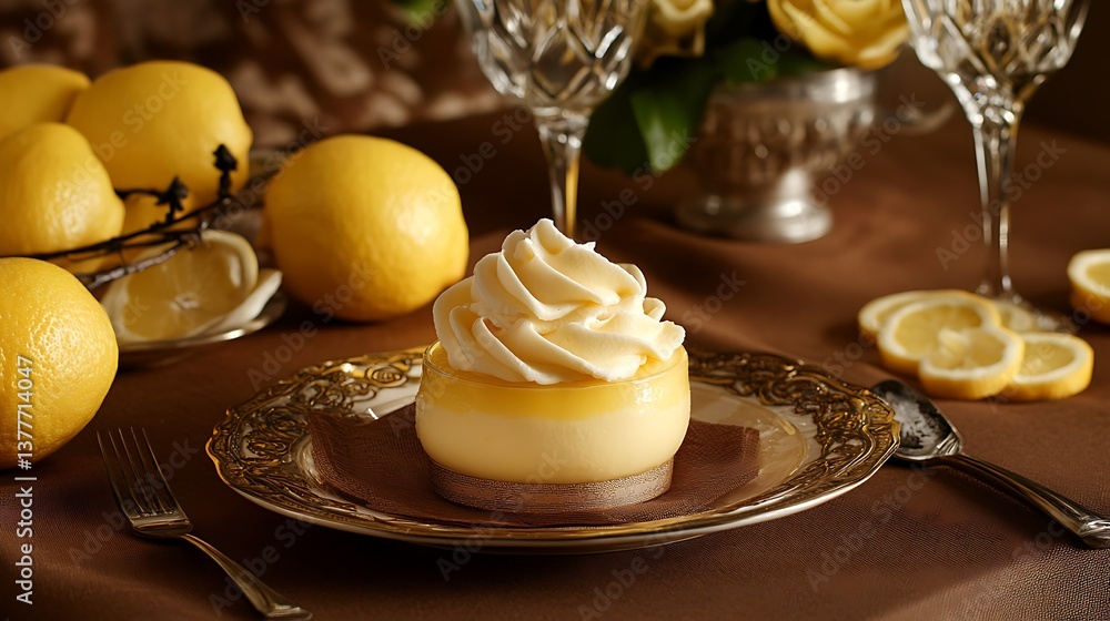 Naklejka premium Delicious lemon mousse on a brown tablecloth and table background