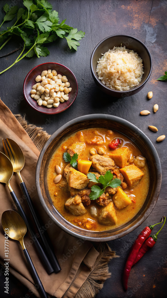 Massaman Curry - A rich and flavorful Thai curry with potatoes and meat or tofu - food vertical format Massaman Curry - A rich and flavorful Thai curry with potatoes and meat or tofu - food vertical format