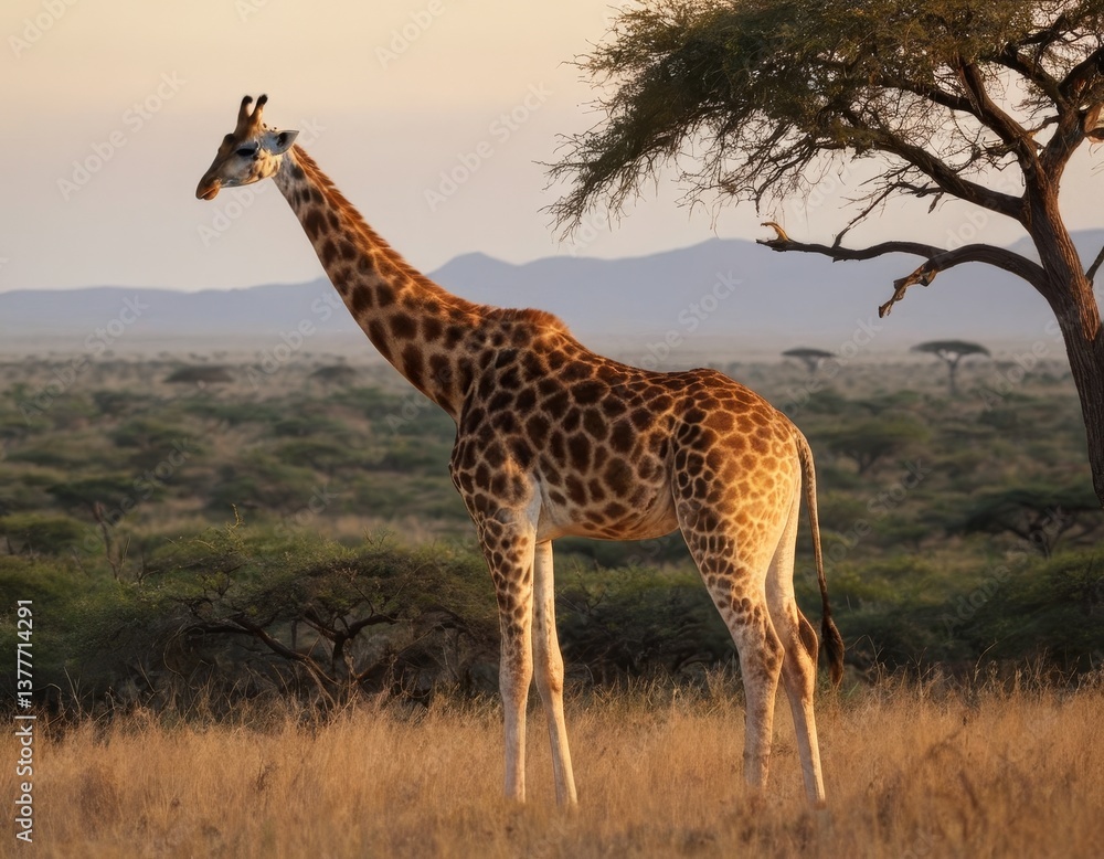 Obraz premium A giraffe stands in a field of tall grass next to a tree