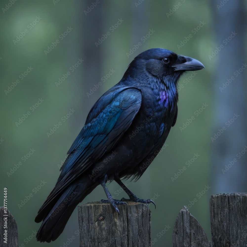 A black crow is perched on a wooden fence post A black crow is perched on a wooden fence post