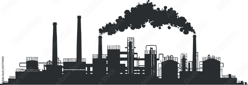 Obraz premium Silhouette of an industrial factory with chimneys emitting smoke, symbolizing urban pollution.