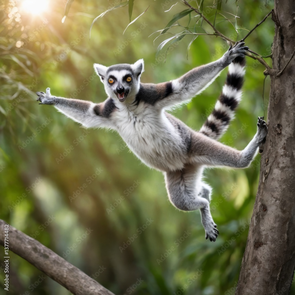 Fototapeta premium A lemur is jumping through the air with its mouth open