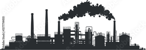Silhouette of an industrial factory with chimneys emitting smoke, symbolizing urban pollution.