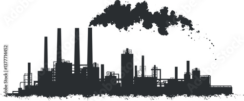 Silhouette of an industrial factory with chimneys releasing smoke, illustrating urban pollution.