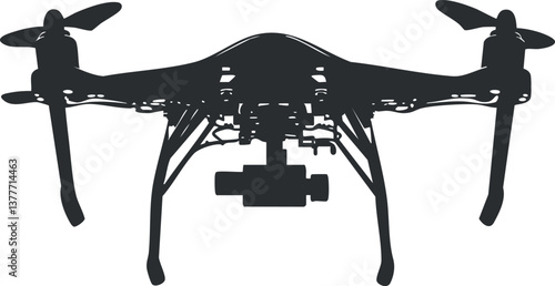 Silhouette of a quadcopter drone with camera, showcasing modern aerial technology and design.