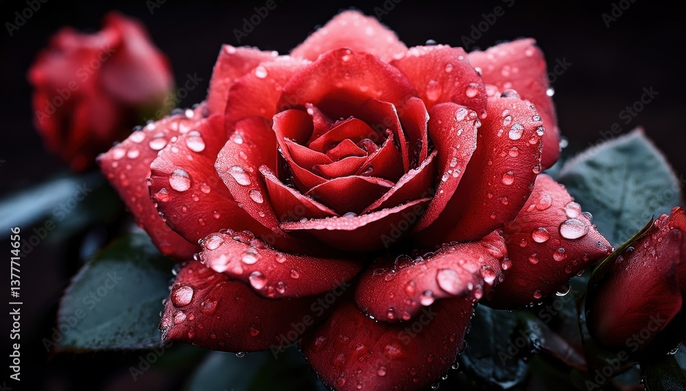 close-up of a red rose with dewdrops on petals and leaves, dark moody background, romantic floral aesthetic, fine art photography
close-up of a red rose with dewdrops on petals and leaves, dark moody background, romantic floral aesthetic, fine art photography