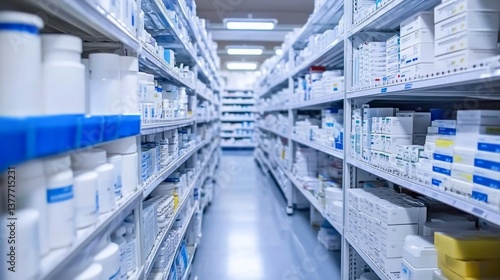 Well-stocked pharmacy aisle with various medications and healthcare products
