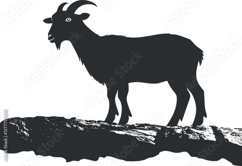 Silhouette of a goat standing on a rocky landscape, highlighting its horns and rugged profile.