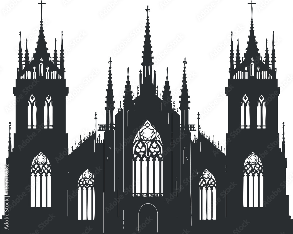 Fototapeta premium Silhouette of a gothic cathedral with tall spires and ornate windows against a white background.