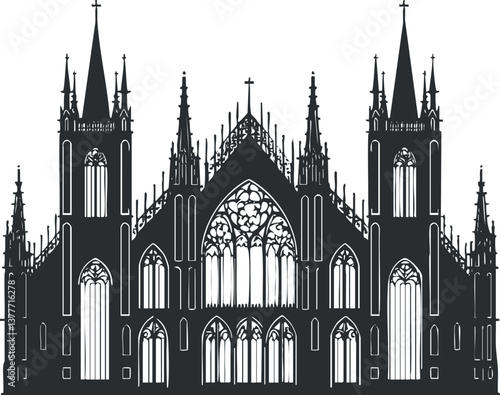 Silhouette of a gothic cathedral with spires and ornate windows in black and white.