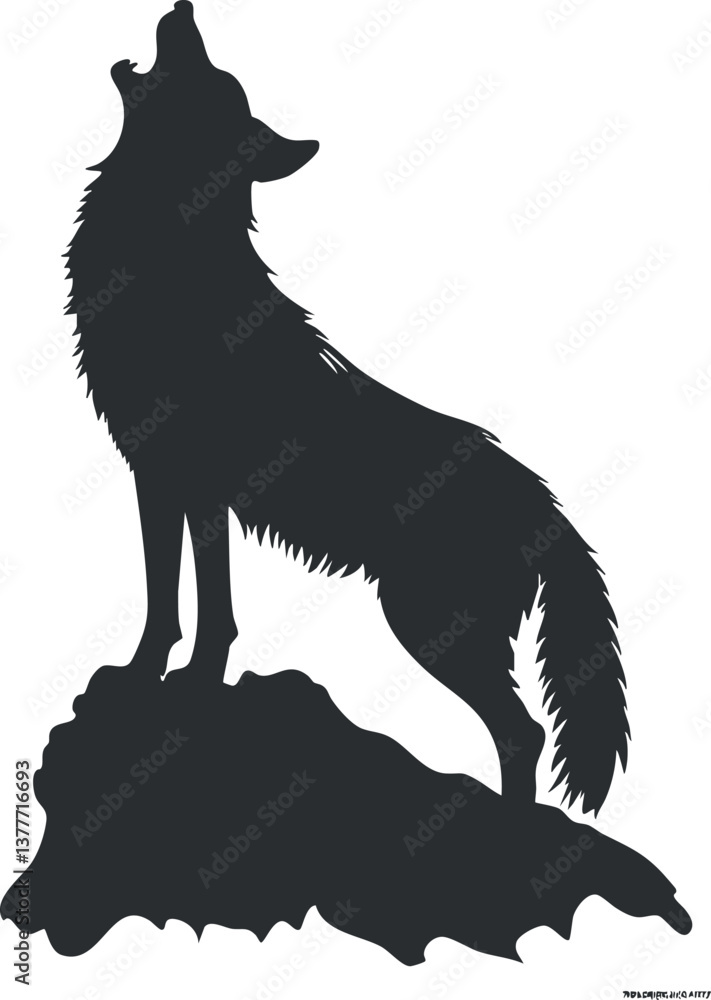 Obraz premium Silhouette of a howling wolf standing on a rock, depicting wilderness and nocturnal wildlife.