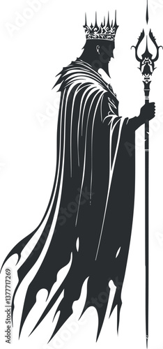 Silhouette of a regal king with a crown and scepter, symbolizing power and authority.