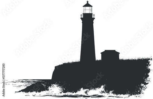 Silhouette of a lighthouse on a cliff with a minimalist black and white design.