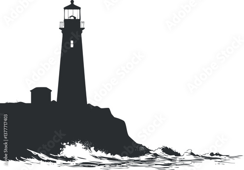 Silhouette of a lighthouse on a rocky coast with waves in a minimalist design.