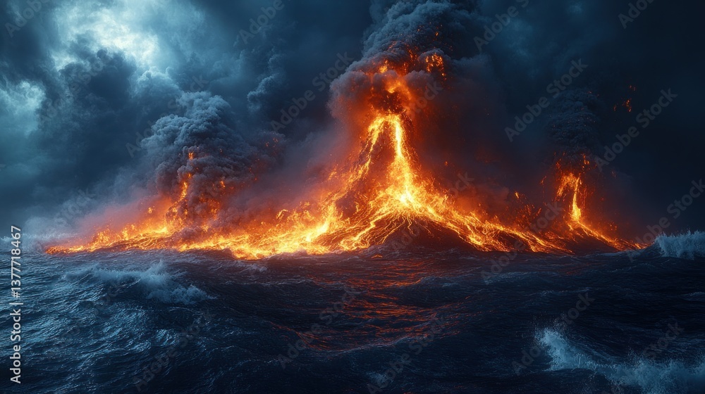 Fototapeta premium Volcanic eruption ocean island stormy night disaster