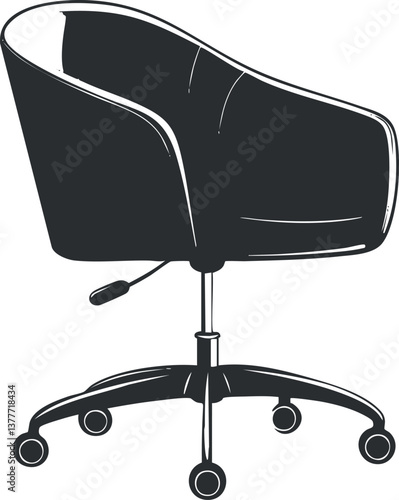 Black and white illustration of a modern ergonomic office chair with wheels and armrests.