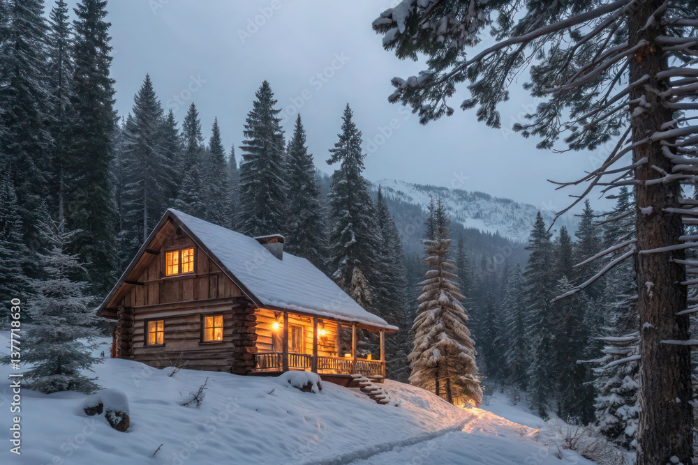 Rustic Wooden Cabin in Snowy Forest, warm light glowing from windows, surrounded by pine trees. Winter wonderland setting. Rustic Wooden Cabin in Snowy Forest, warm light glowing from windows, surrounded by pine trees. Winter wonderland setting.