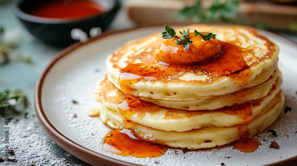 Delicious pancakes with cheese and hot sauce Delicious pancakes with cheese and hot sauce