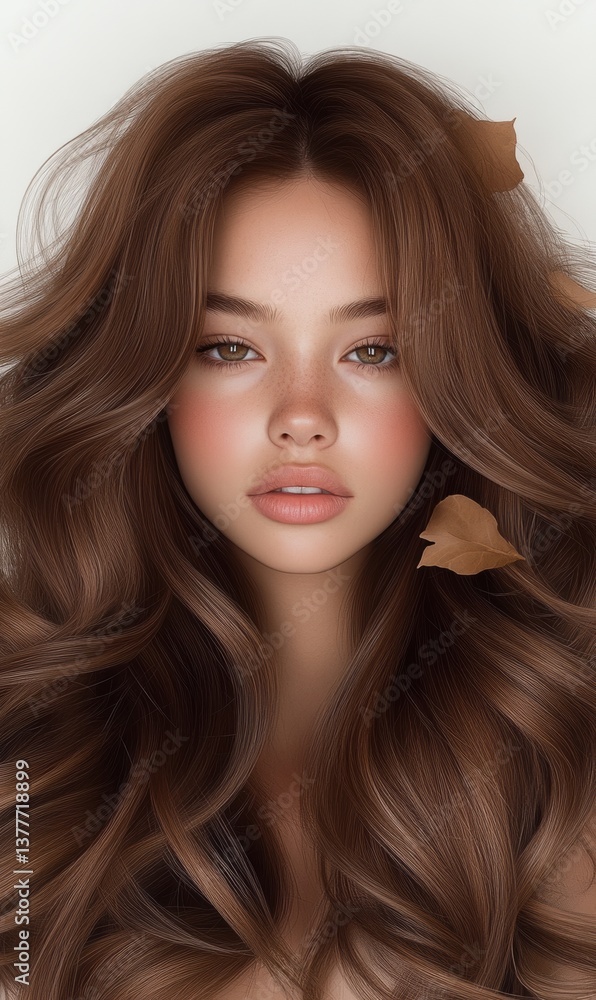 Naklejka premium Stunning close-up of a young woman with voluminous brown hair and soft makeup, accented by delicate autumn leaves, conveying a serene and captivating beauty