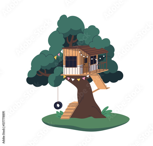 Tree house, wooden cabin, hut on branches. Countryside treehouse, vacation ho...