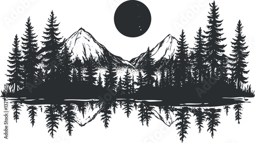 Silhouette of mountains and forest reflected in water with a moonlit sky background.