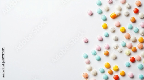 A colorful assortment of pills are scattered across a white background