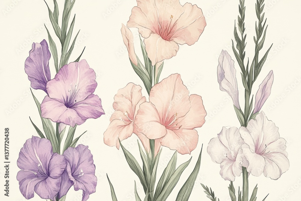 Fototapeta premium Colorful illustration of gladiolus flowers showcasing various shades and textures in a natural setting, capturing the beauty of floral artistry