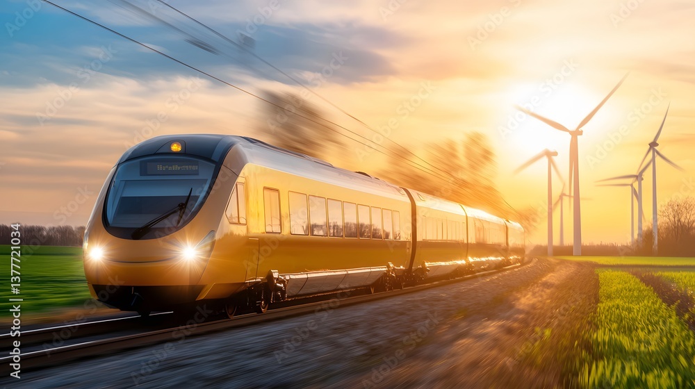 Fototapeta premium Modern Train Speeding Along Railway Tracks at Sunset with Wind Turbines in a Rural Landscape