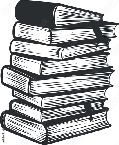 Vintage illustration of a stack of books in a classic black and white sketch style.