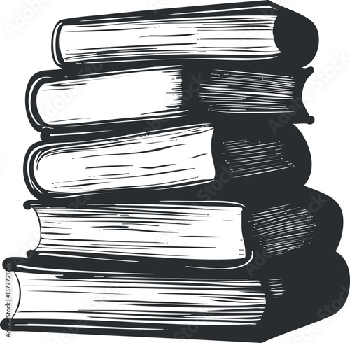 Illustration of a stack of books in black and white, emphasizing education and knowledge.