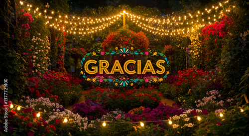 Illuminated Garden with Decorative Gracias Text and Fairy Lights at Night