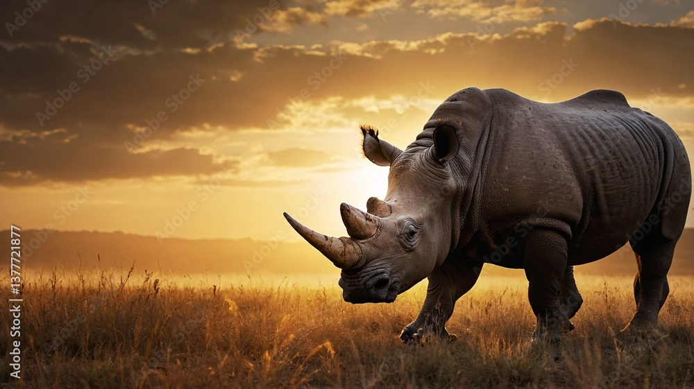 Fototapeta premium A majestic rhinoceros walks through golden grasses at sunset, highlighting its powerful silhouette against a colorful sky.