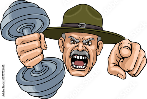 An angry drill instructor or sergeant bootcamp army soldier personal trainer cartoon character holding weight lifting dumbbell and pointing sports team gym mascot illustration.