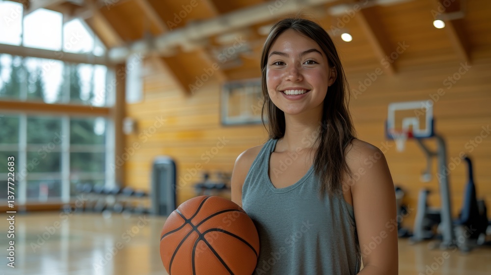 Smiling Young Athlete with Basketball in Gym Environment Smiling Young Athlete with Basketball in Gym Environment