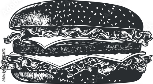 Black and white illustration of a classic burger with lettuce, cheese, and sesame seed bun.
