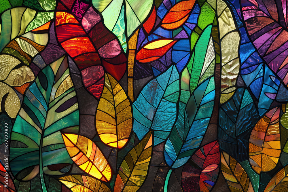 Vibrant stained glass jungle scene with colorful tropical plants in a mosaic window design and filtering light through colorful shapes. Wallpaper and texture concept. Vibrant stained glass jungle scene with colorful tropical plants in a mosaic window design and filtering light through colorful shapes. Wallpaper and texture concept.